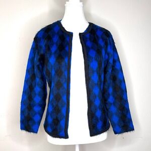 Vintage Harlequin Blue Black Fuzzy Cardigan Sweater Boxy Avant Garde Faux Mohair